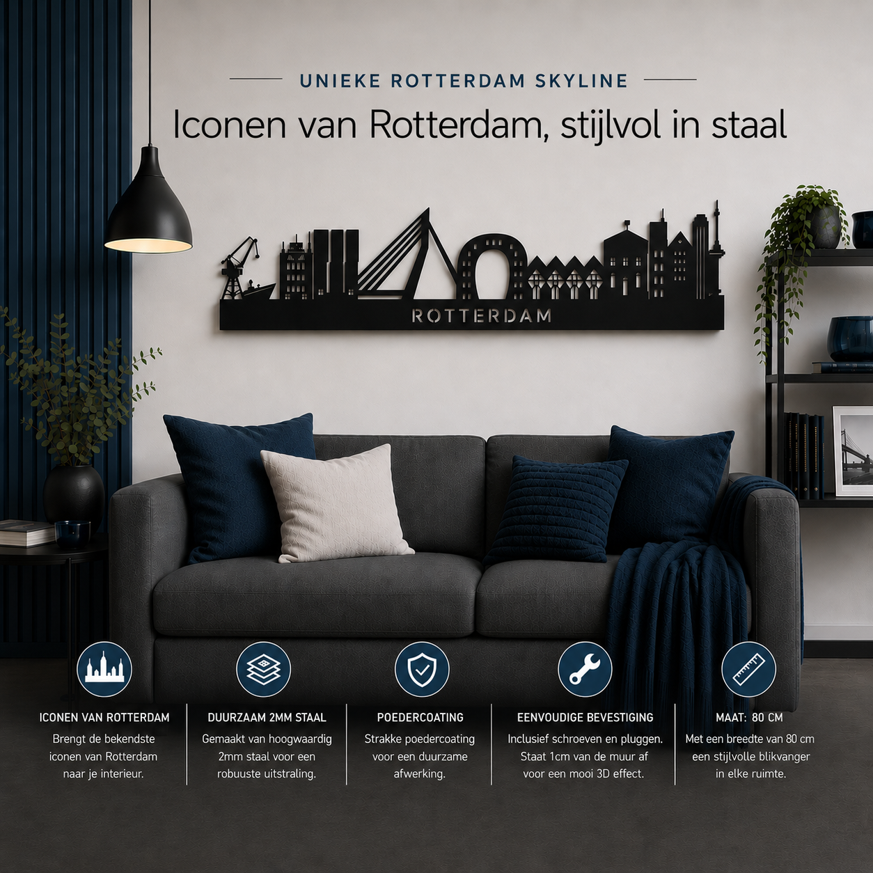 Zwarte metalen Rotterdam skyline wanddecoratie van 80 cm aan moderne woonkamer muur met Erasmusbrug, Markthal, Kubuswoningen en Euromast in stijlvol staaldesign.