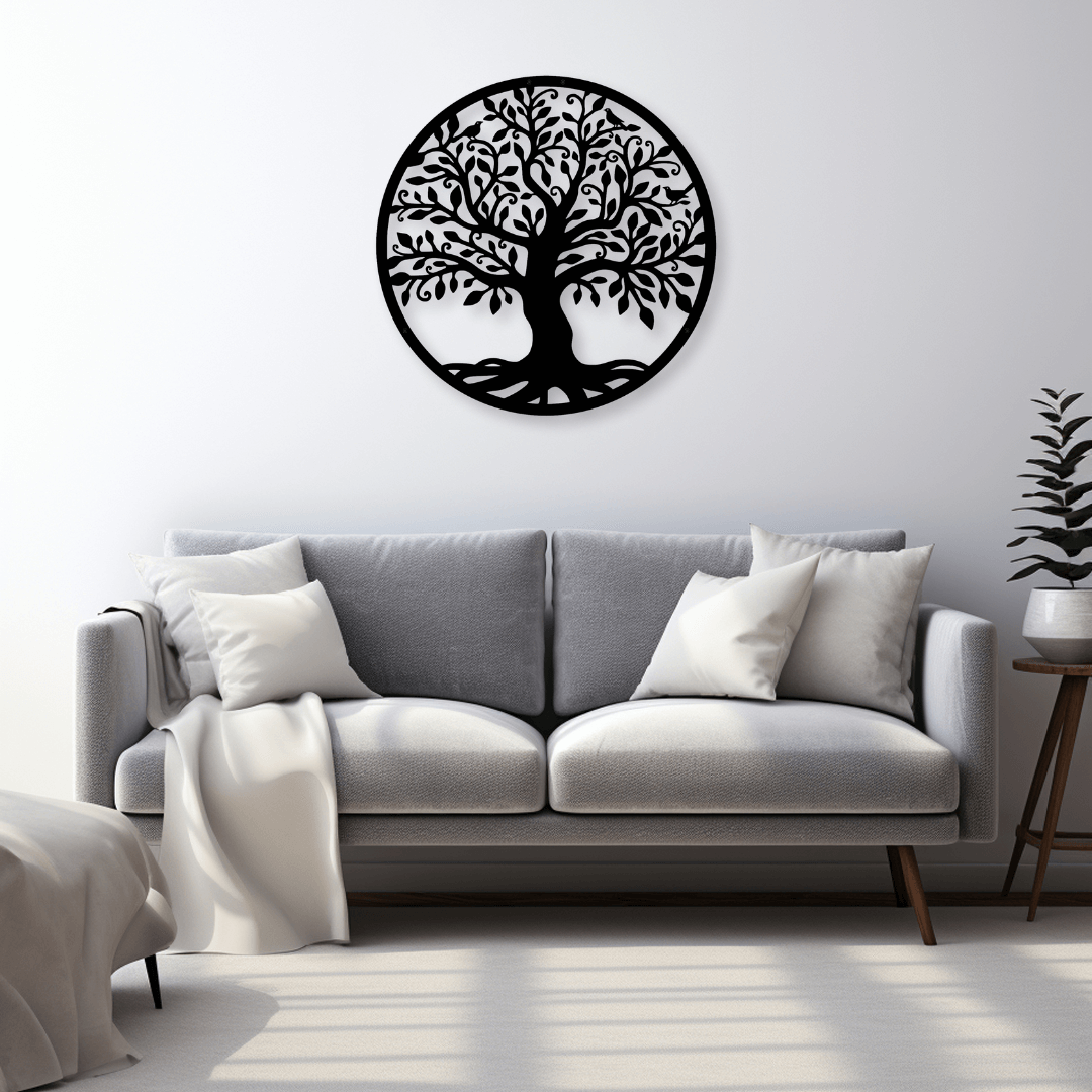 Tree of Life wanddecoratie, 40/60 cm, gemaakt van 2 mm dik staal met matte zwarte poedercoating. Rustieke uitstraling met 3D-effect.
