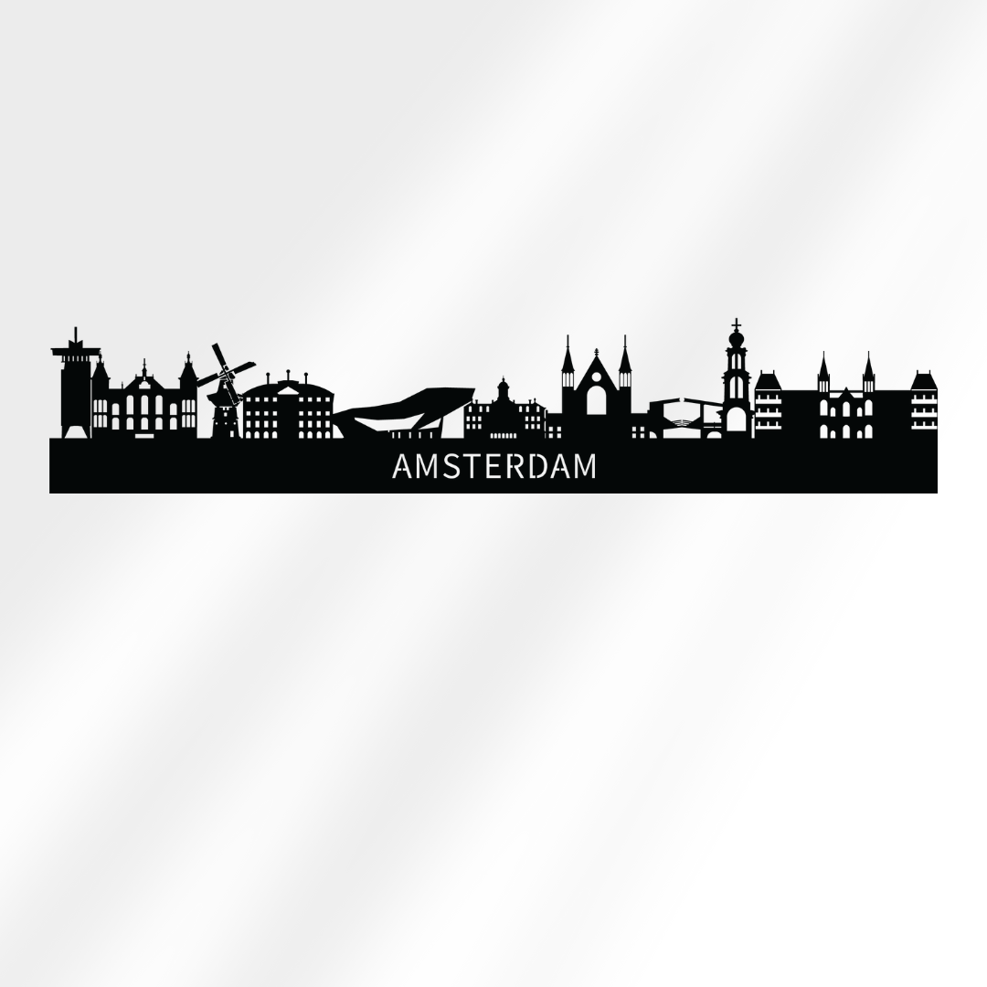 Metalen wanddecoratie van de skyline van Amsterdam, 80 cm breed, zwart gepoedercoat staal