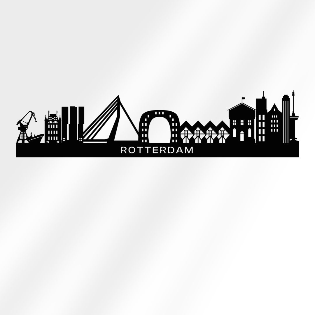 Metalen wanddecoratie van de skyline van Rotterdam in zwart staal voor interieurdecoratie