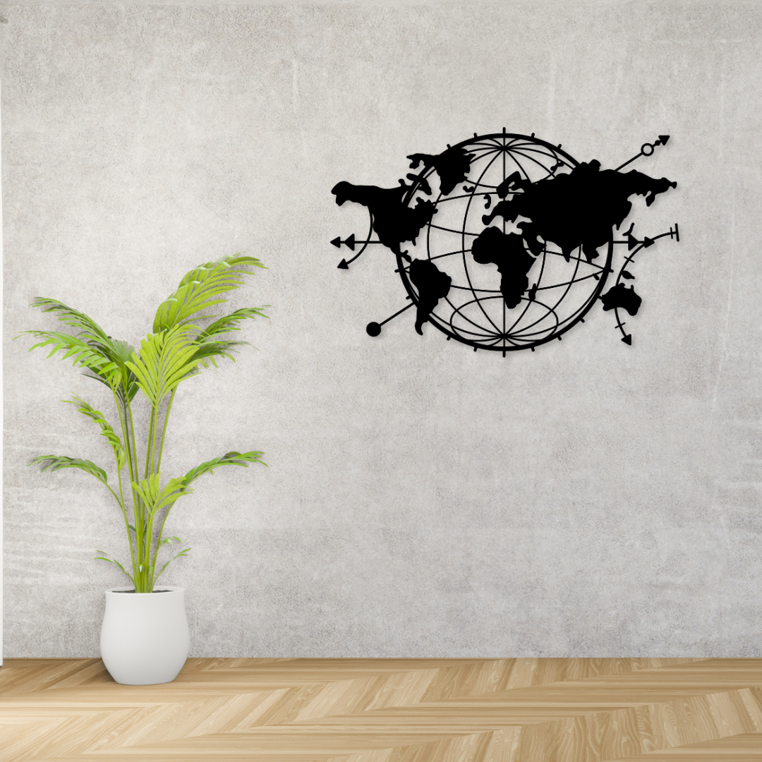 Metalen Wereldkaart wanddecoratie, 80x53 cm, vervaardigd uit 2 mm dik staal met matte zwarte poedercoating. Moderne uitstraling met 3D-effect.