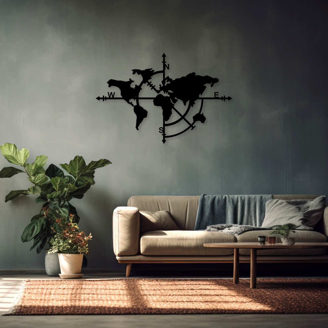 Metalen Wereldkaart wanddecoratie van 95x63 cm, 2 mm dik staal met matte zwarte poedercoating. Moderne uitstraling met 3D-effect.
