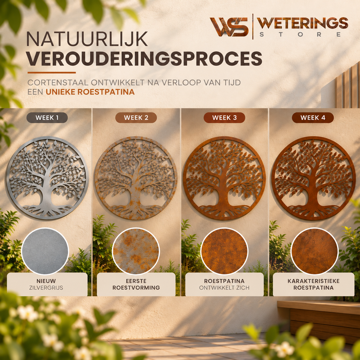Het natuurlijke roestproces van cortenstaal in vier stappen, waarbij het staal verandert van zilvergrijs naar een warme, roestbruine patina.