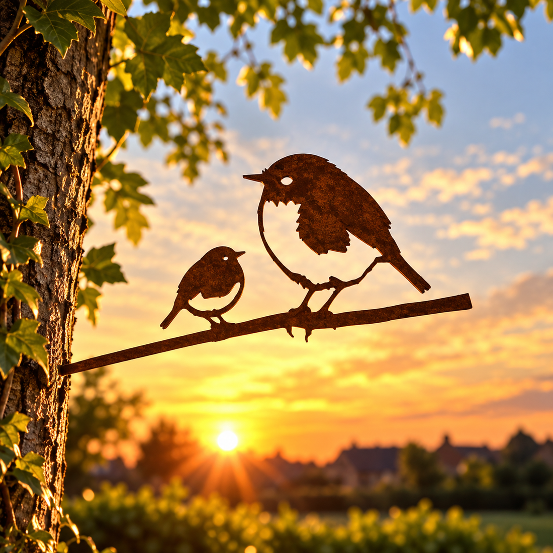 Metalen roodborstje met jong van cortenstaal als decoratie voor tuin of schutting