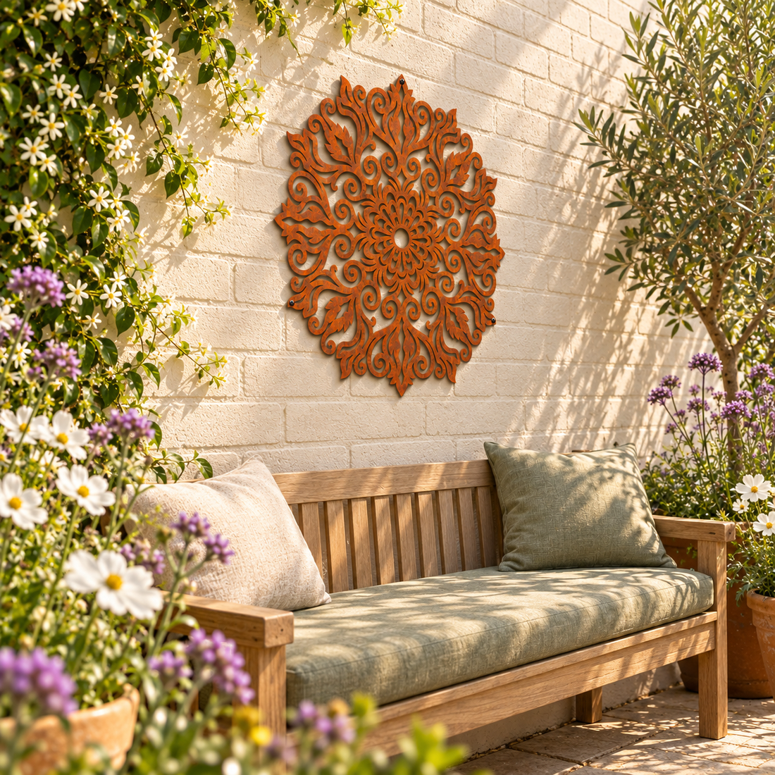 Roestkleurige mandala boven een houten tuinbank, met bloemen en informatie over de wanddecoratie.