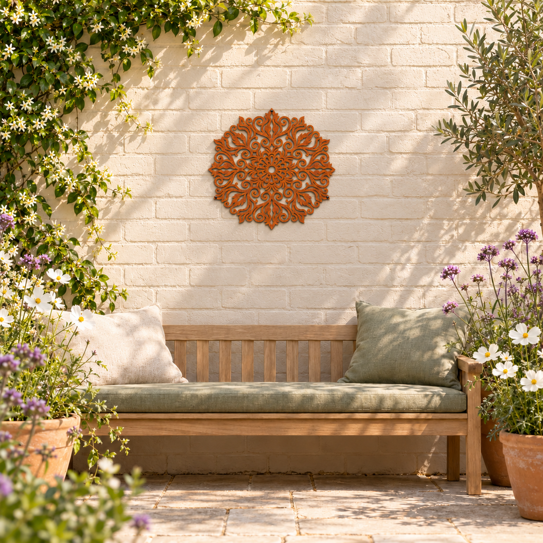 Roestkleurige mandala boven een houten tuinbank, met bloemen en informatie over de wanddecoratie.
