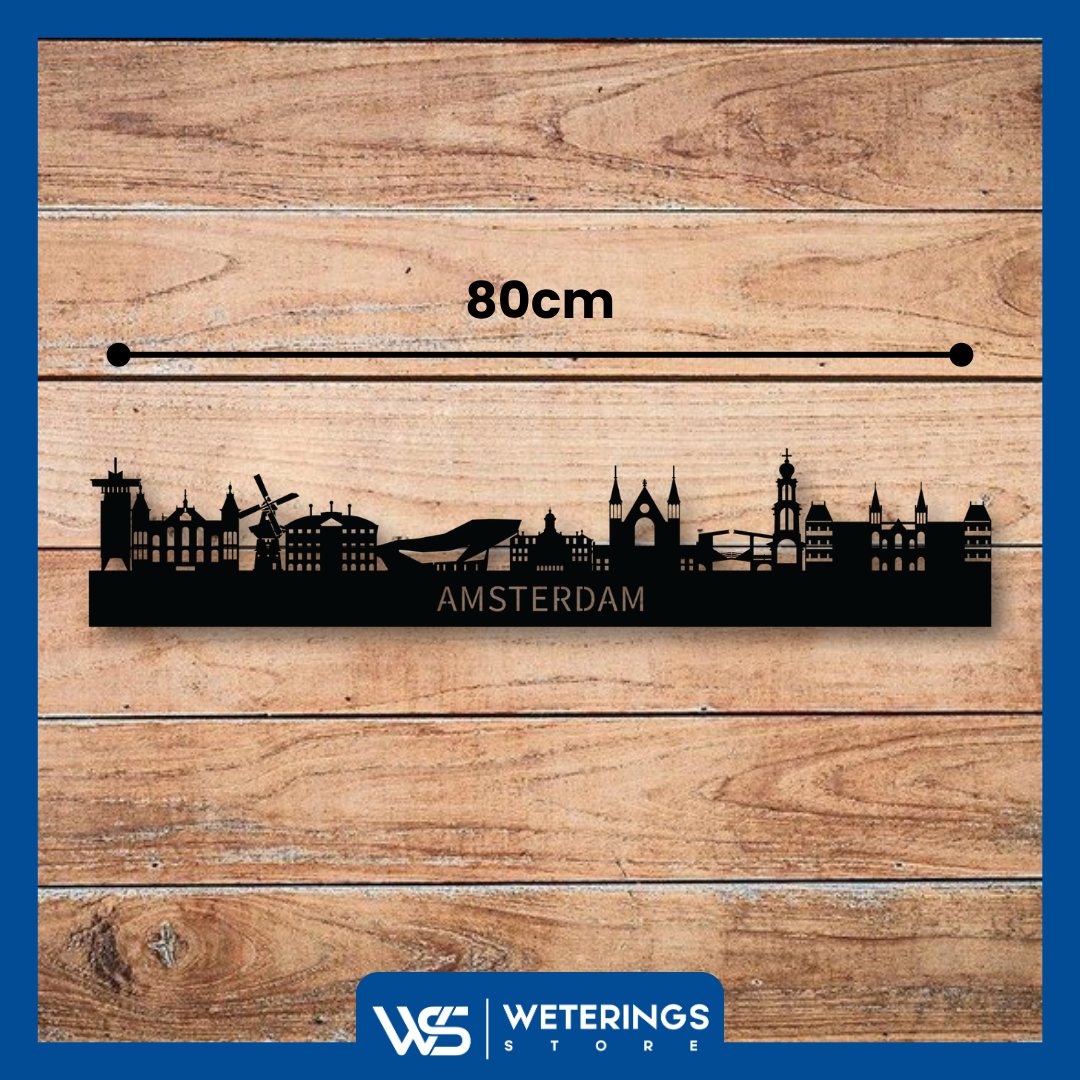 Metalen wanddecoratie van de skyline van Amsterdam, 80 cm breed, zwart gepoedercoat staal