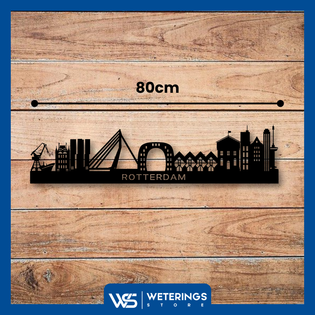 Metalen wanddecoratie van de skyline van Rotterdam – 2mm dik – industriële look