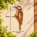 Afmetingen van metalen specht tuindecoratie van cortenstaal, 13 cm breed en 28 cm hoog