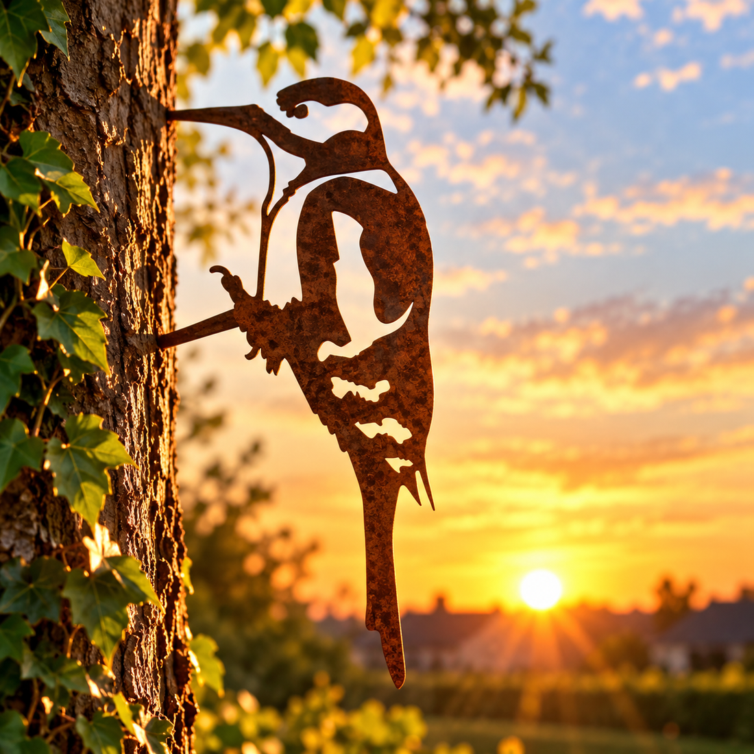 Metalen specht van cortenstaal als decoratie voor tuin, boom, schutting of muur