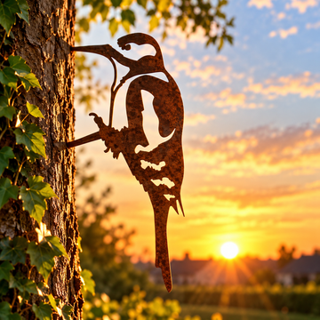 Metalen specht van cortenstaal als decoratie voor tuin, boom, schutting of muur