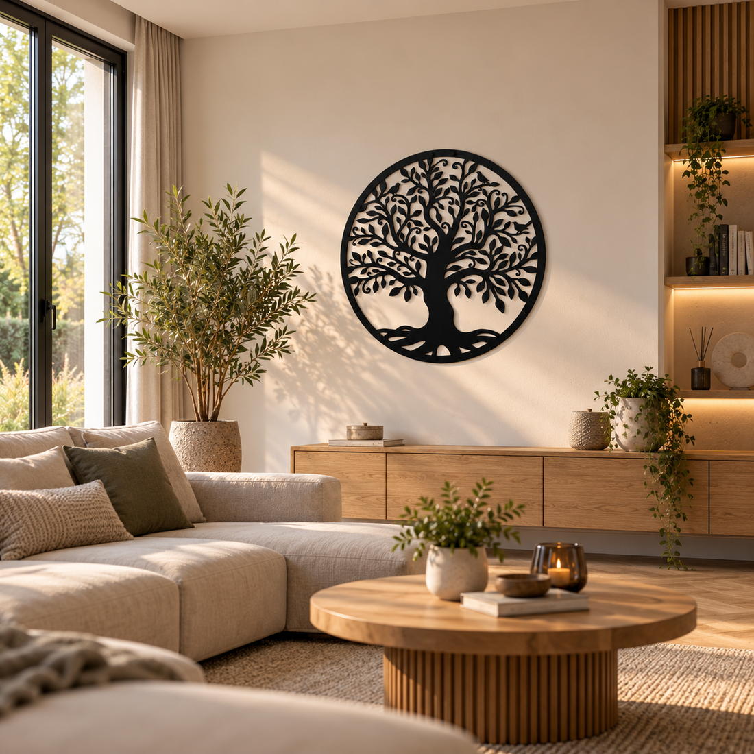 Zwarte metalen levensboom wanddecoratie met hoogwaardig staal, inclusief ophangsysteem, tijdloos design en keuze uit verschillende diameters.