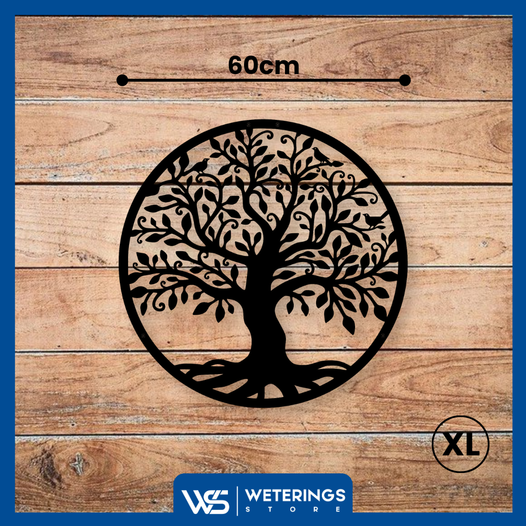 Tree of Life wanddecoratie van 60 cm, gemaakt van 2 mm dik staal met matte zwarte poedercoating. Rustieke look met prachtig 3D-effect.