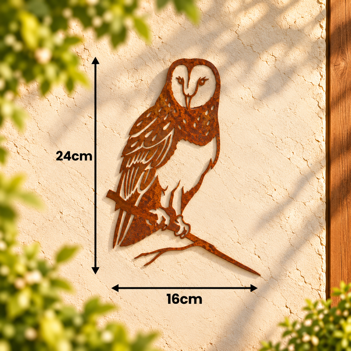 Afmetingen van metalen uil tuindecoratie van cortenstaal, 16 cm breed en 24 cm hoog