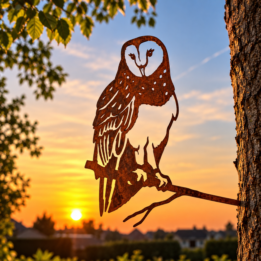 Metalen uil van cortenstaal als decoratie voor tuin, schutting of muur