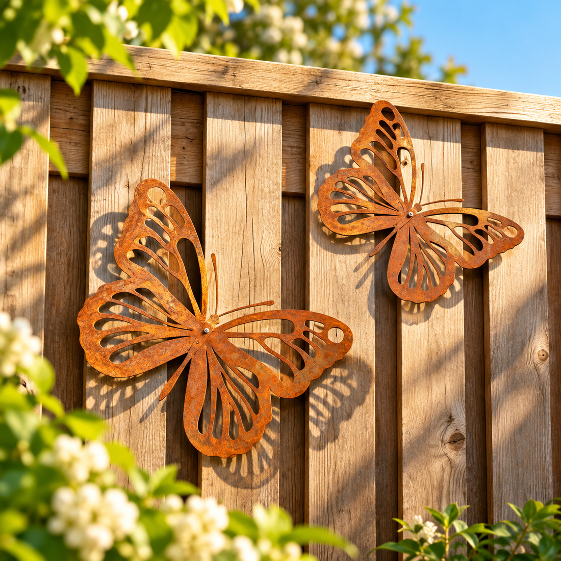 Grote metalen vlinder van 39 x 27 cm, gemaakt van 2 mm dik cortenstaal met natuurlijke roestpatina, als decoratieve blikvanger aan een houten tuinschutting.