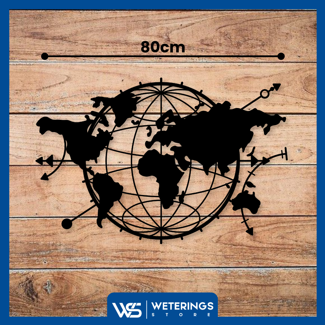 Wereldkaart wanddecoratie van 80x53 cm, gemaakt van 2 mm dik staal met matte zwarte poedercoating. Prachtig 3D-effect voor een moderne sfeer.
