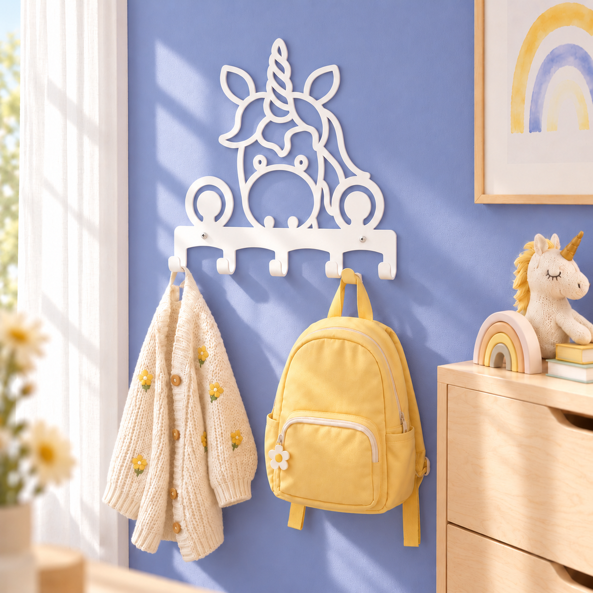 Witte metalen eenhoornkapstok aan een lavendelblauwe muur, met een crème vest en zachtgele kinderrugzak.