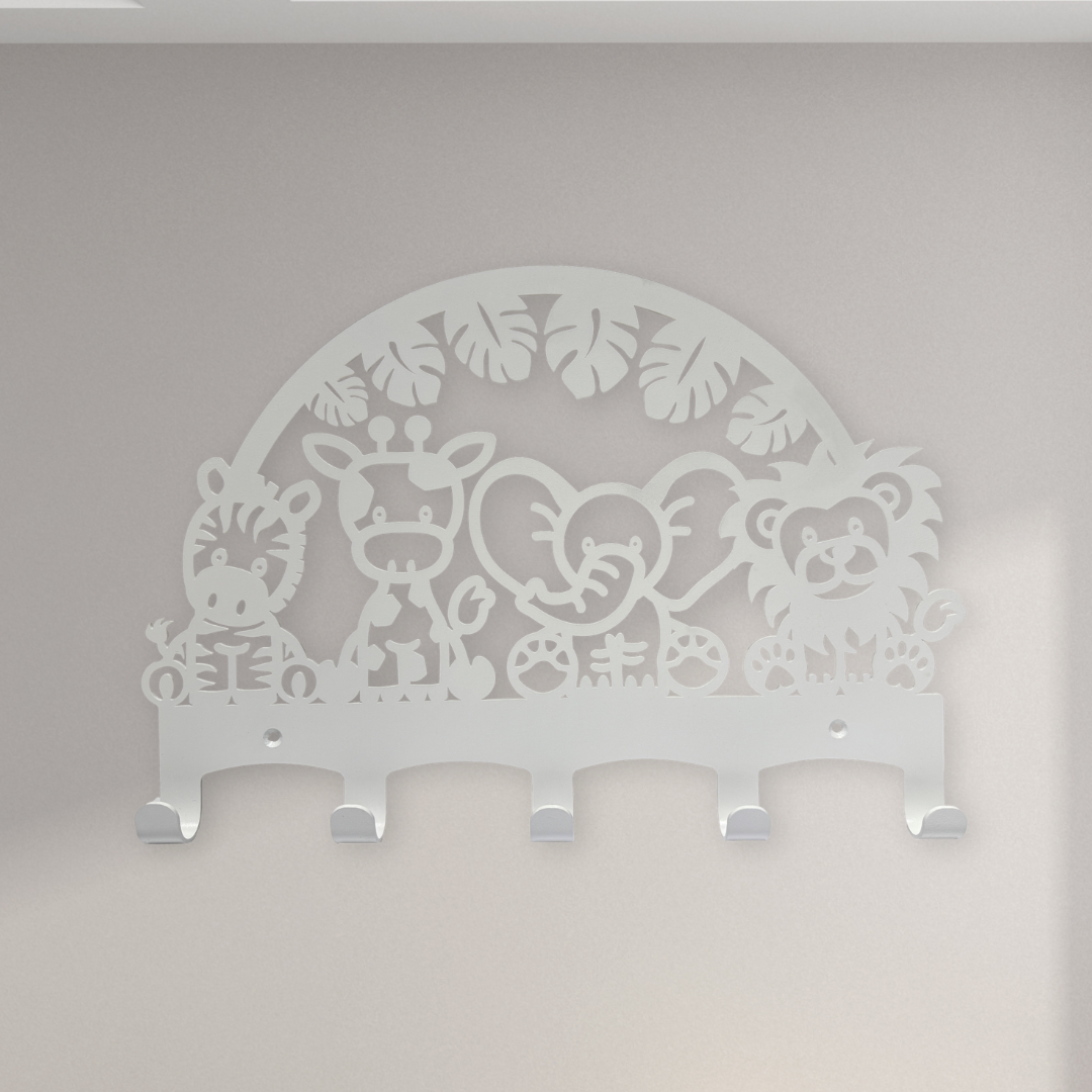 Witte kinderkapstok safari-thema, 5 haakjes, leeuw, olifant, giraf, zebra.