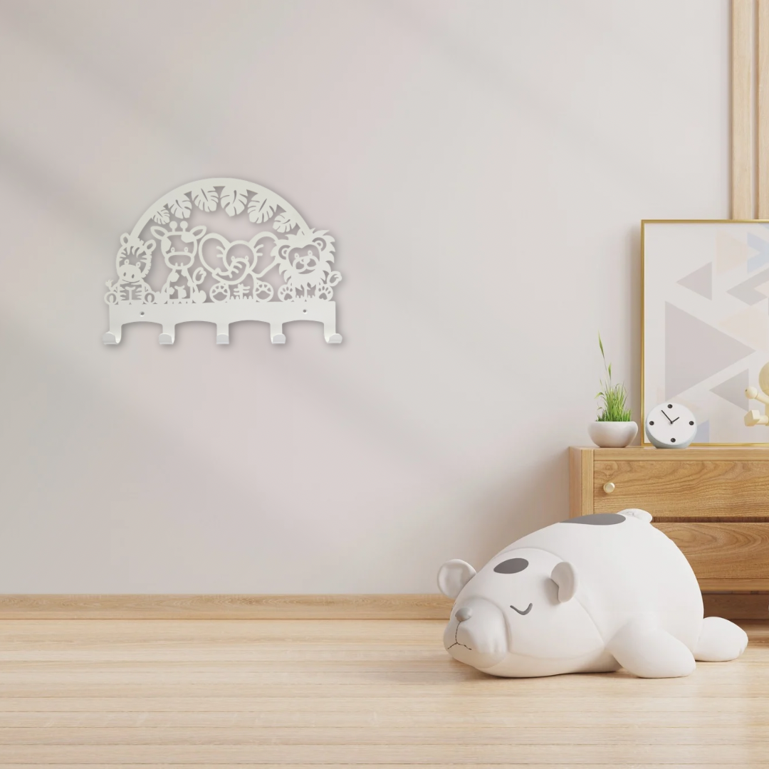 Witte kinderkapstok met safari-thema, 5 haakjes, gepoedercoat staal met dierenillustraties