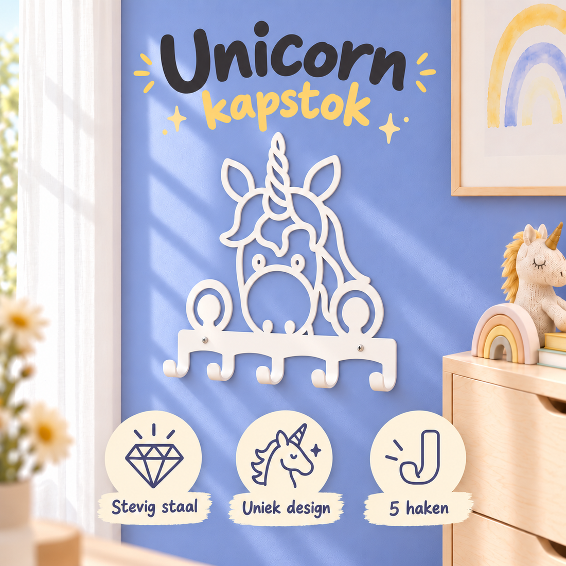 Witte metalen eenhoornkapstok aan een lavendelblauwe muur, met een crème vest en zachtgele kinderrugzak.