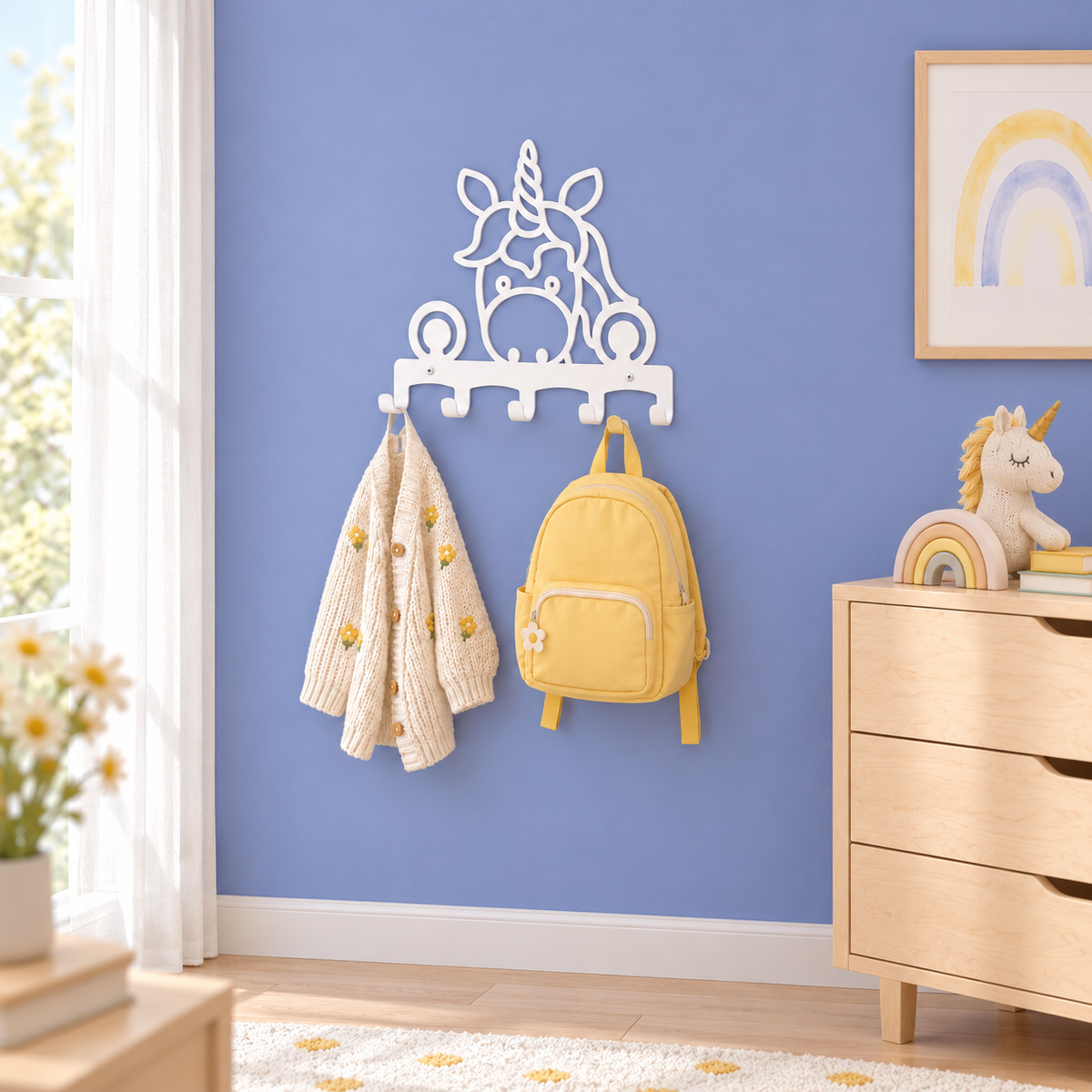 Witte unicorn kapstok met iconen en de teksten stevig staal, uniek design en vijf haken tegen een zonnige lavendelblauwe muur.