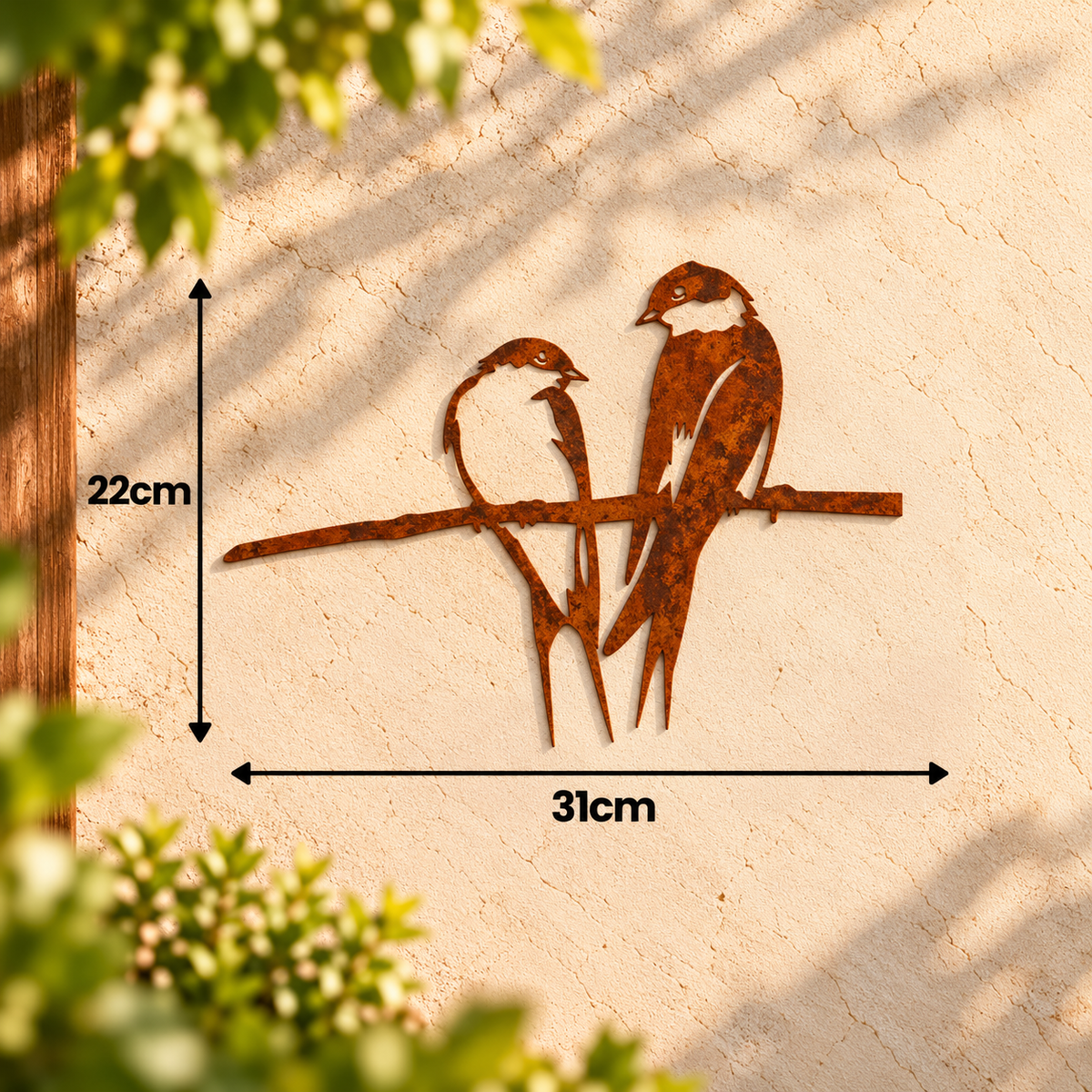 Afmetingen van metalen zwaluwenkoppel van cortenstaal, 31 cm breed en 22 cm hoog