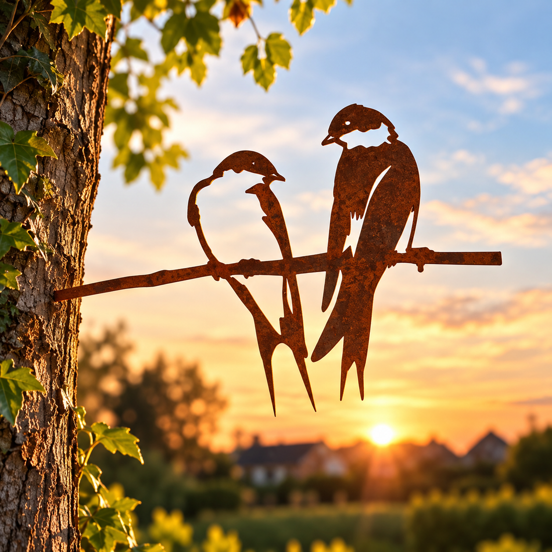 Metalen zwaluwenkoppel van cortenstaal als decoratie voor tuin, schutting of muur