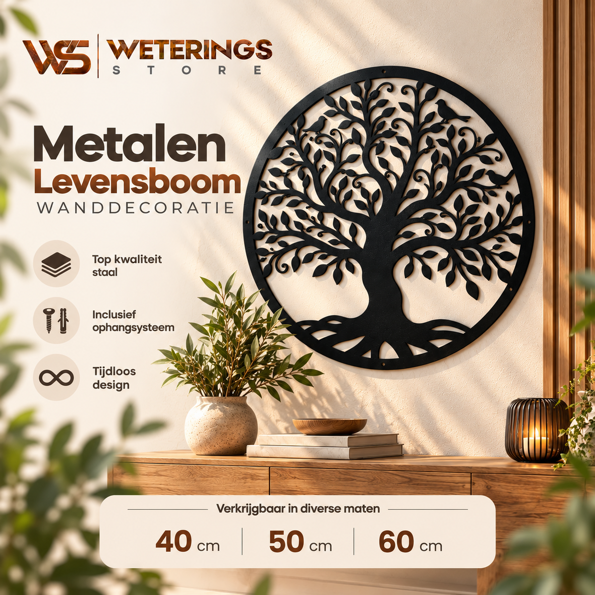 Zwarte metalen levensboom aan een lichte muur in een sfeervolle woonkamer