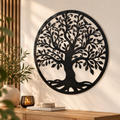 Zwarte metalen levensboom wanddecoratie met hoogwaardig staal, inclusief ophangsysteem, tijdloos design en keuze uit verschillende diameters.