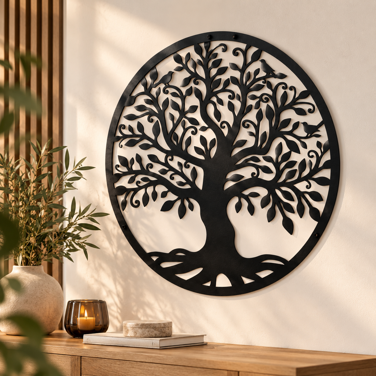 Zwarte metalen levensboom wanddecoratie met hoogwaardig staal, inclusief ophangsysteem, tijdloos design en keuze uit verschillende diameters.