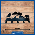 Zwarte kinderkapstok met jungle-thema (400mm breed), 5 haakjes, gemaakt van gepoedercoat staal met exotische dierenprints