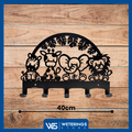 Zwarte kinderkapstok met safari-thema (400mm breed), 5 haakjes, gepoedercoat staal met dierenillustraties zoals een leeuw, olifant, giraf en zebra.